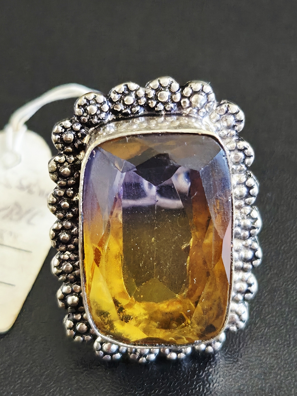 Amber-to-Purple Gradient Statement Ring in Silver-Tone Frame